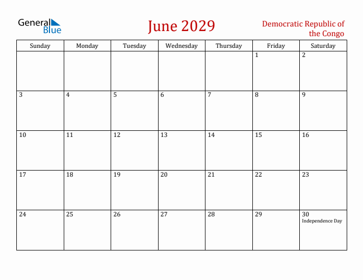 Democratic Republic of the Congo June 2029 Calendar - Sunday Start