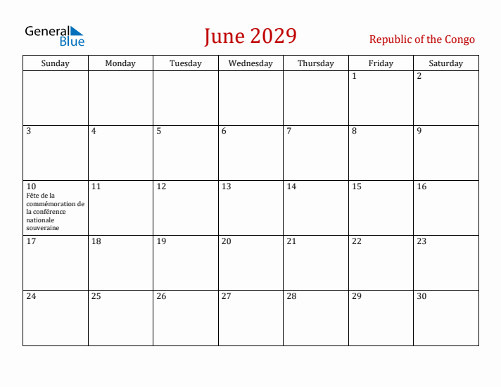 Republic of the Congo June 2029 Calendar - Sunday Start