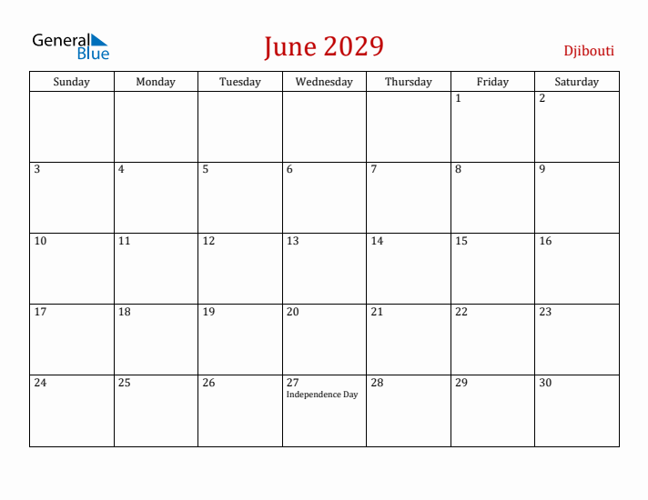 Djibouti June 2029 Calendar - Sunday Start
