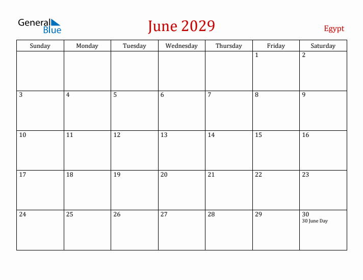 Egypt June 2029 Calendar - Sunday Start