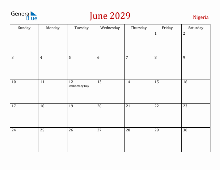 Nigeria June 2029 Calendar - Sunday Start