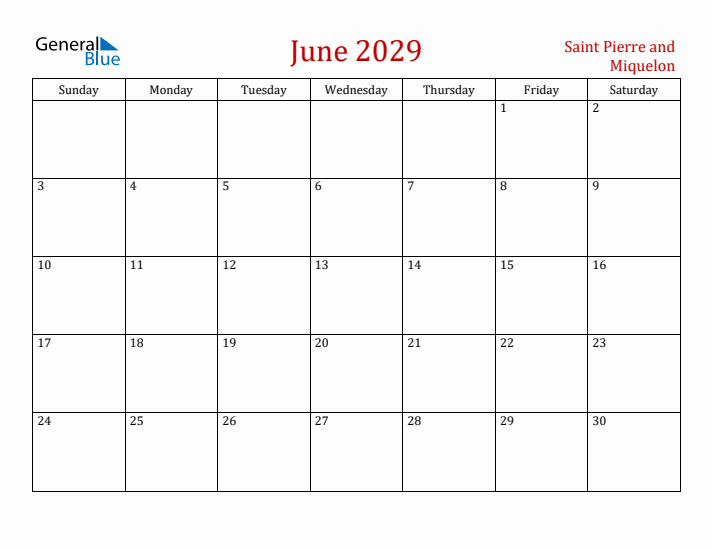 Saint Pierre and Miquelon June 2029 Calendar - Sunday Start