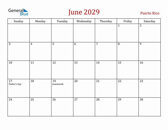 Puerto Rico June 2029 Calendar - Sunday Start