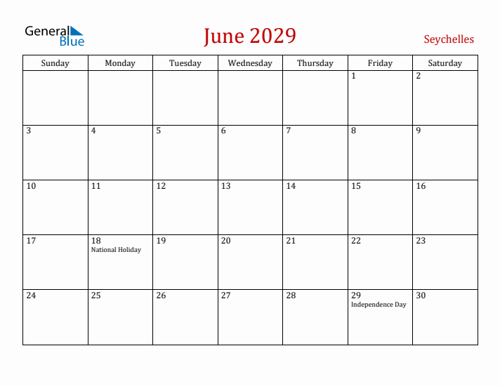 Seychelles June 2029 Calendar - Sunday Start
