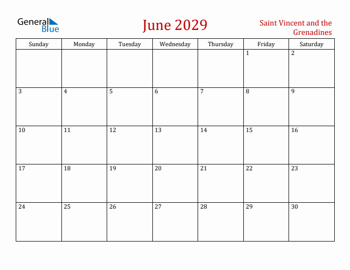 Saint Vincent and the Grenadines June 2029 Calendar - Sunday Start