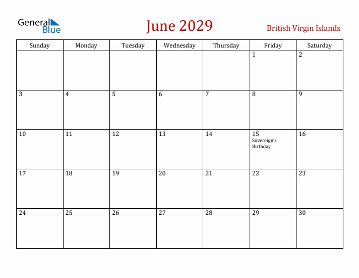 British Virgin Islands June 2029 Calendar - Sunday Start