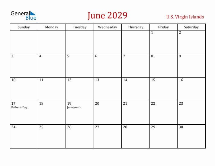 U.S. Virgin Islands June 2029 Calendar - Sunday Start
