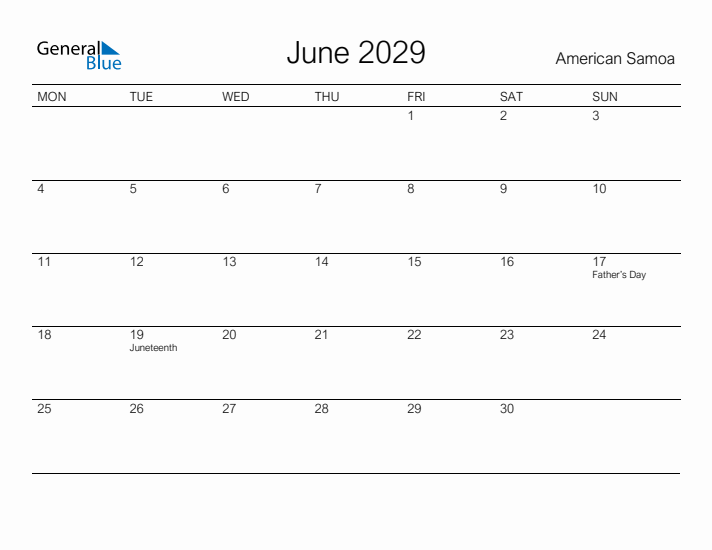 Printable June 2029 Calendar for American Samoa