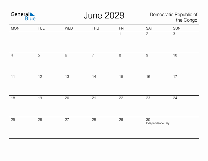 Printable June 2029 Calendar for Democratic Republic of the Congo