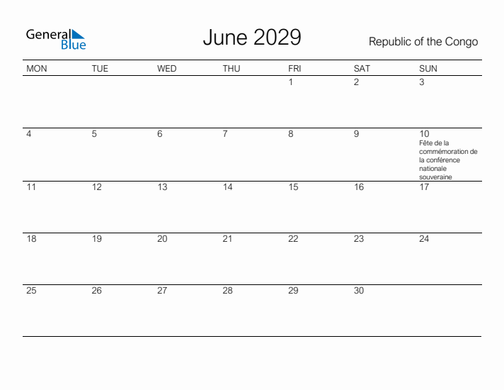 Printable June 2029 Calendar for Republic of the Congo