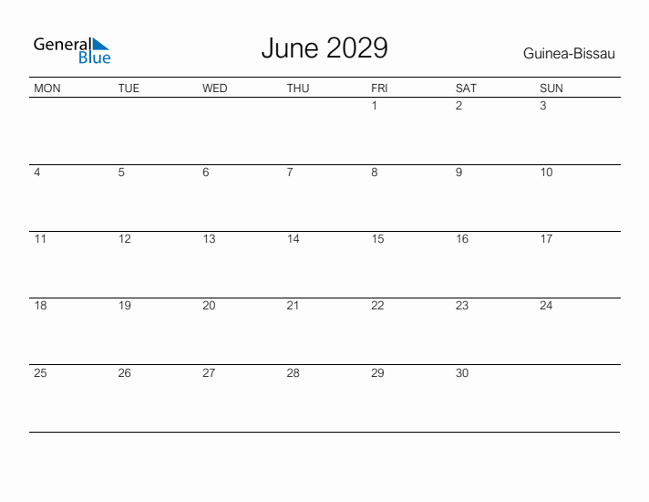 Printable June 2029 Calendar for Guinea-Bissau