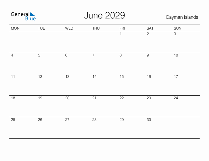 Printable June 2029 Calendar for Cayman Islands