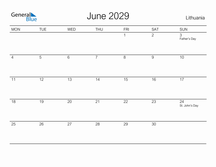 Printable June 2029 Calendar for Lithuania