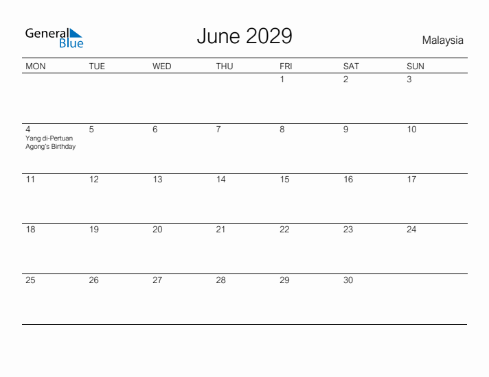 Printable June 2029 Calendar for Malaysia