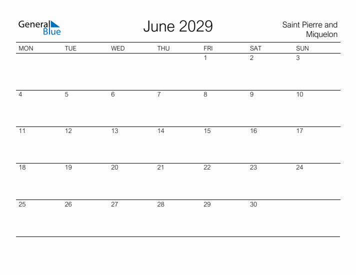 Printable June 2029 Calendar for Saint Pierre and Miquelon