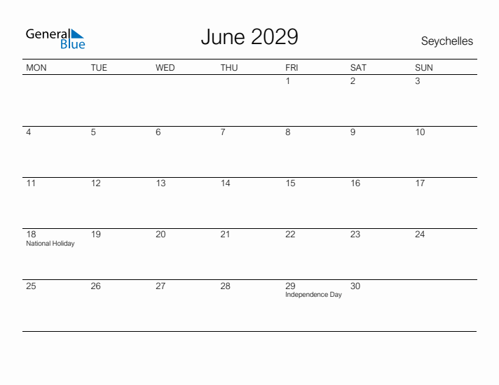 Printable June 2029 Calendar for Seychelles