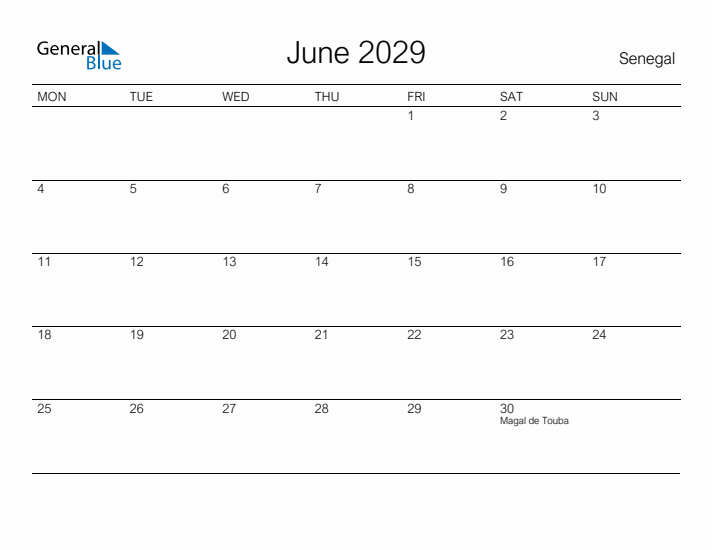 Printable June 2029 Calendar for Senegal