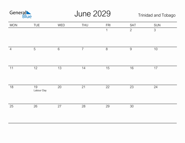 Printable June 2029 Calendar for Trinidad and Tobago