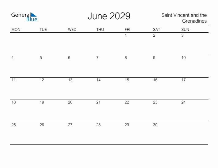 Printable June 2029 Calendar for Saint Vincent and the Grenadines