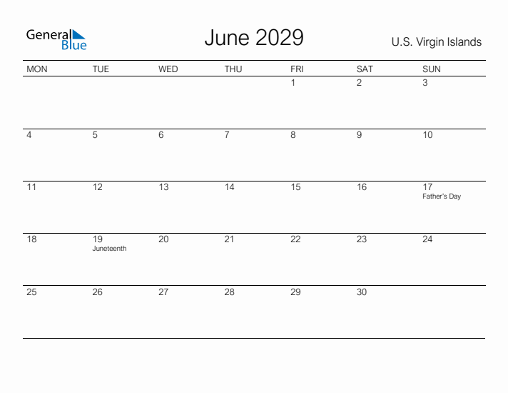 Printable June 2029 Calendar for U.S. Virgin Islands