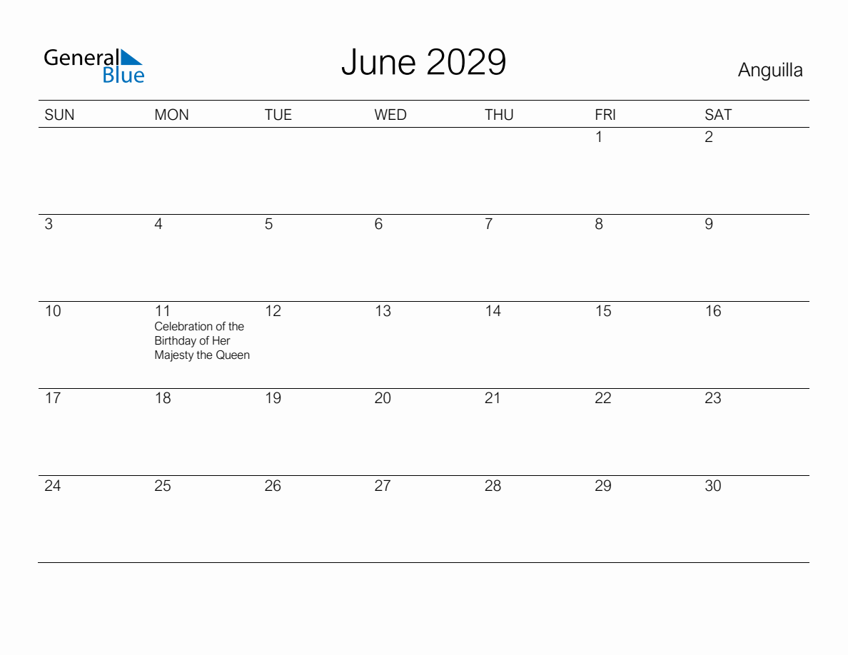 Printable June 2029 Monthly Calendar with Holidays for Anguilla