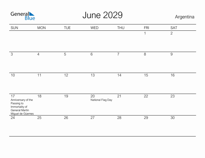 Printable June 2029 Calendar for Argentina
