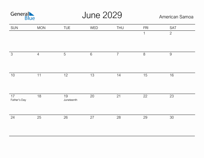 Printable June 2029 Calendar for American Samoa