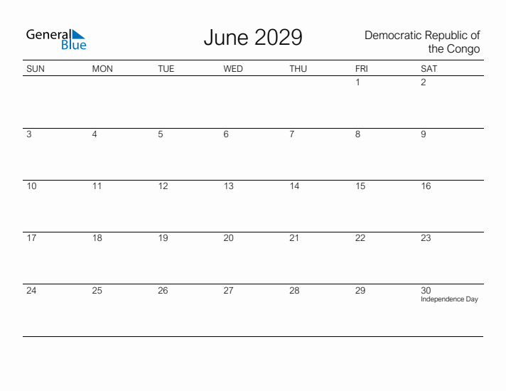 Printable June 2029 Calendar for Democratic Republic of the Congo