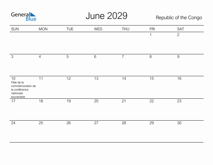 Printable June 2029 Calendar for Republic of the Congo