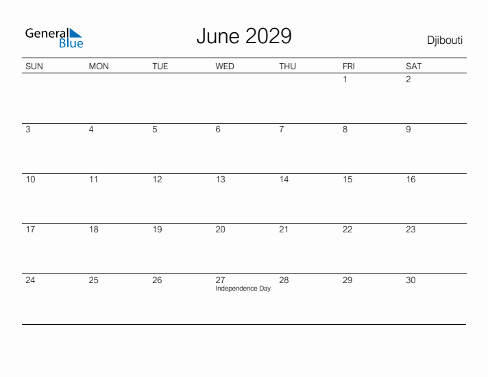 Printable June 2029 Calendar for Djibouti