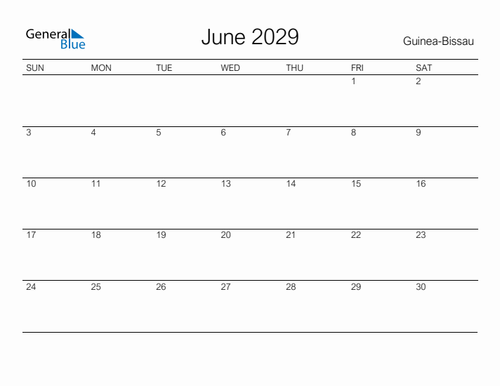 Printable June 2029 Calendar for Guinea-Bissau