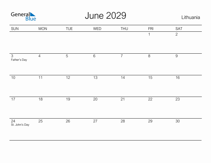 Printable June 2029 Calendar for Lithuania