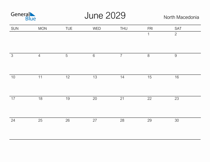 Printable June 2029 Calendar for North Macedonia