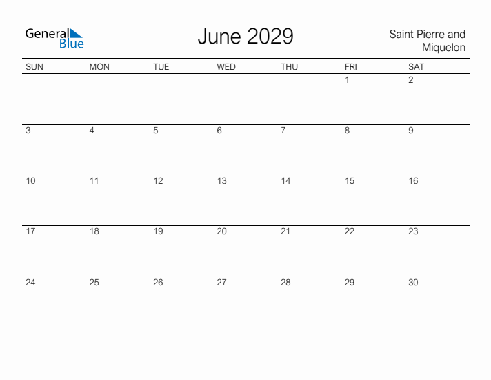 Printable June 2029 Calendar for Saint Pierre and Miquelon