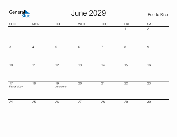 Printable June 2029 Calendar for Puerto Rico