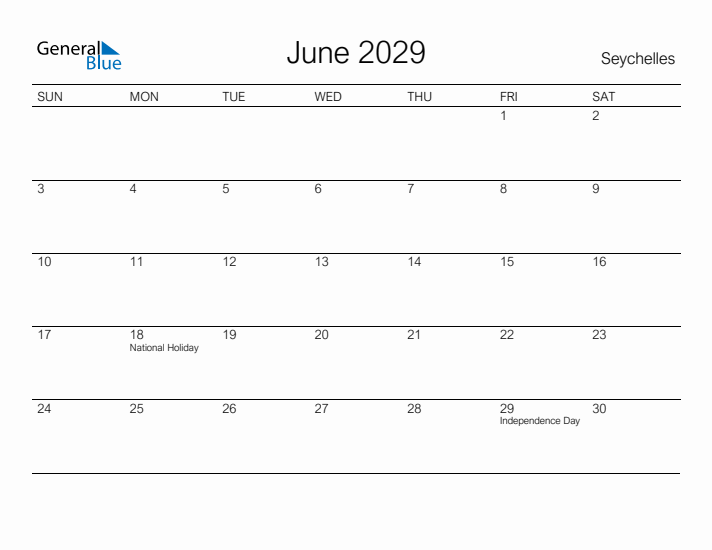 Printable June 2029 Calendar for Seychelles