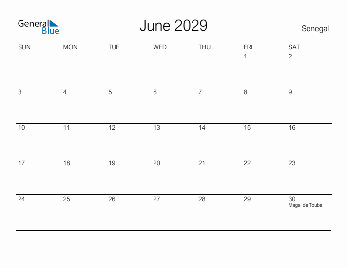 Printable June 2029 Calendar for Senegal