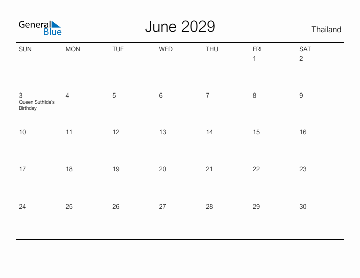 Printable June 2029 Calendar for Thailand
