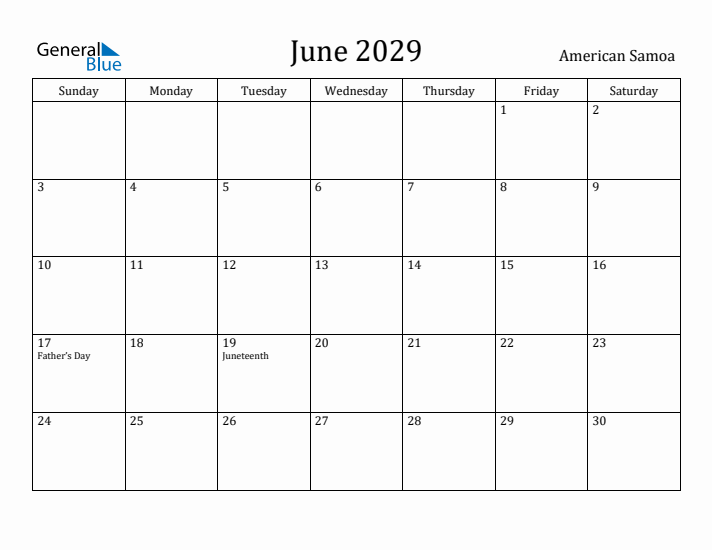 June 2029 Calendar American Samoa