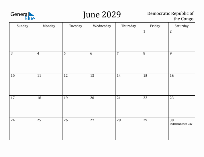 June 2029 Calendar Democratic Republic of the Congo