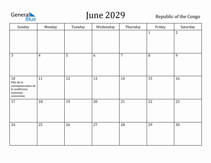 June 2029 Calendar Republic of the Congo