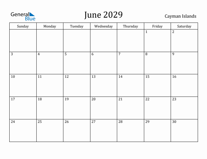 June 2029 Calendar Cayman Islands