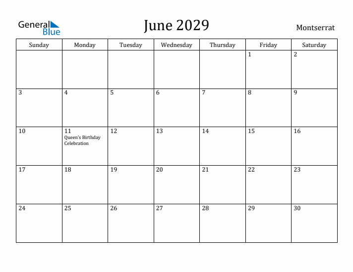 June 2029 Calendar Montserrat