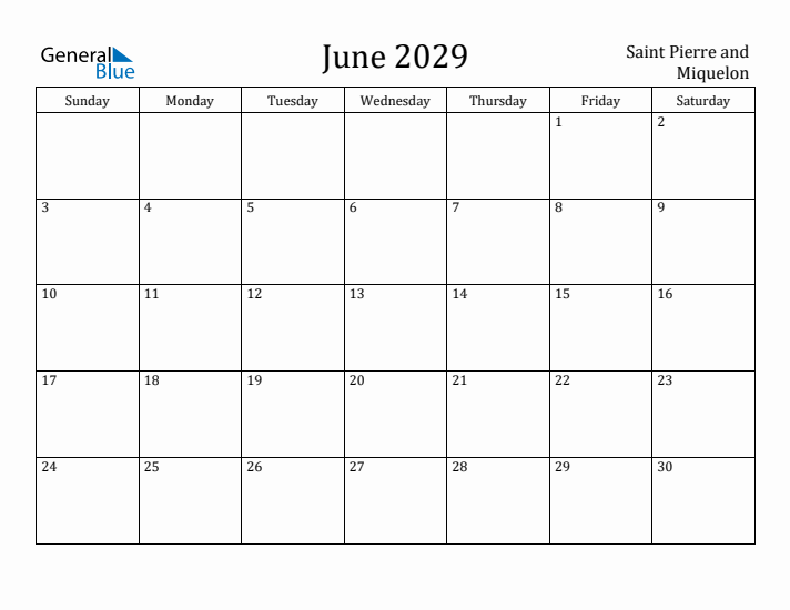 June 2029 Calendar Saint Pierre and Miquelon