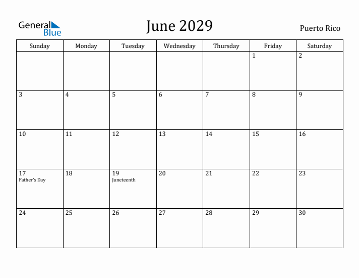 June 2029 Calendar Puerto Rico