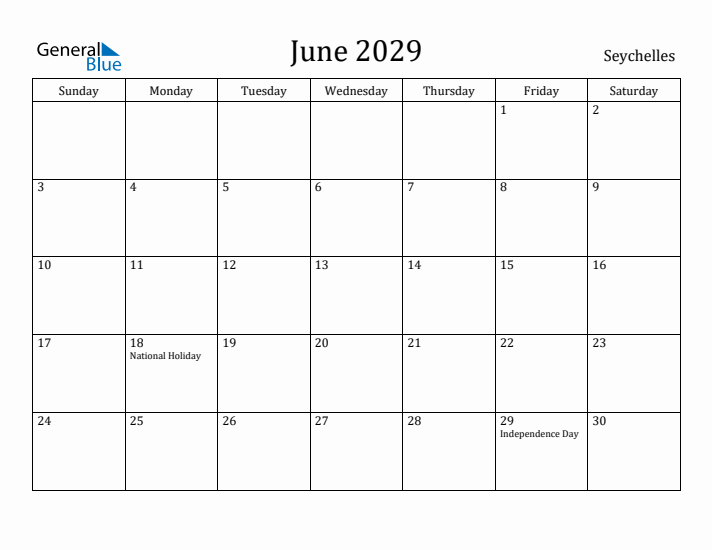 June 2029 Calendar Seychelles