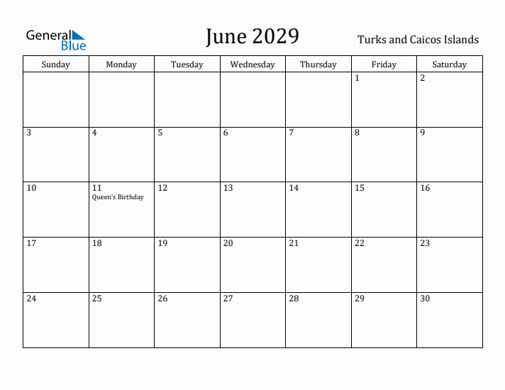 June 2029 Calendar Turks and Caicos Islands