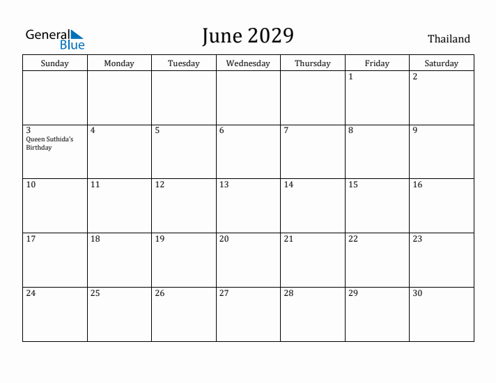 June 2029 Calendar Thailand