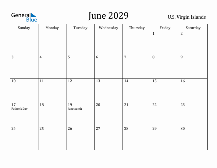 June 2029 Calendar U.S. Virgin Islands
