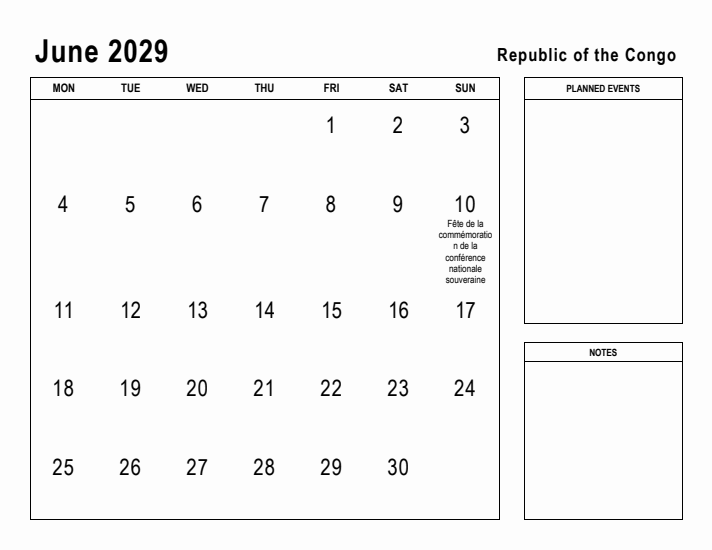 June 2029 Printable Monthly Calendar with Republic of the Congo Holidays